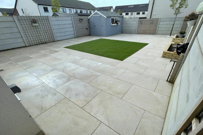 Porcelain Tiled Patio with Artificial Grass in Maynooth Co. Kildare