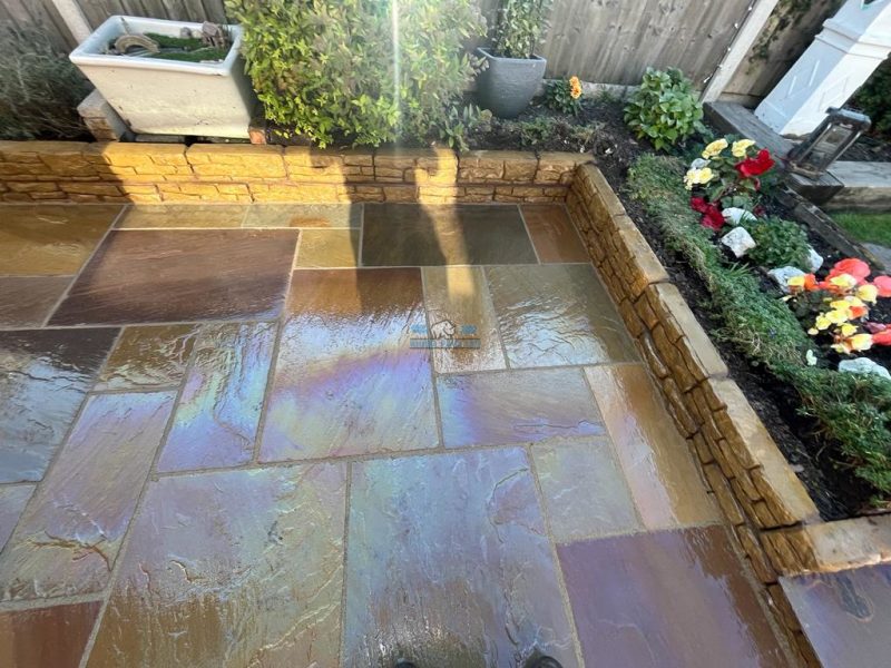 Rhino pave indian sandstone patio with step and new dwarf wall in mold flintshire 10.jpeg